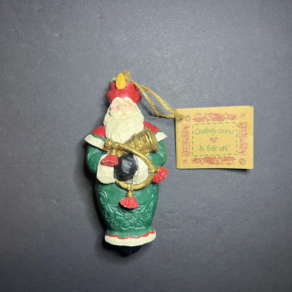 Vintage Papel Freelance Cranberry Folk Art Wooden Santa Claus Christmas Ornament